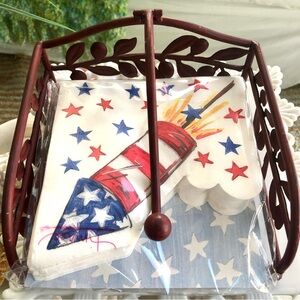 🇺🇸🎉Primitive Red Napkin Holder + Patriotic July 4th Fireworks Dinner Napkins